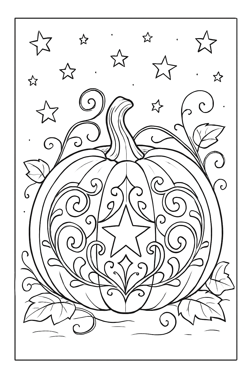 Whimsical pumpkin carving coloring page with elegant leaf and star cutouts.