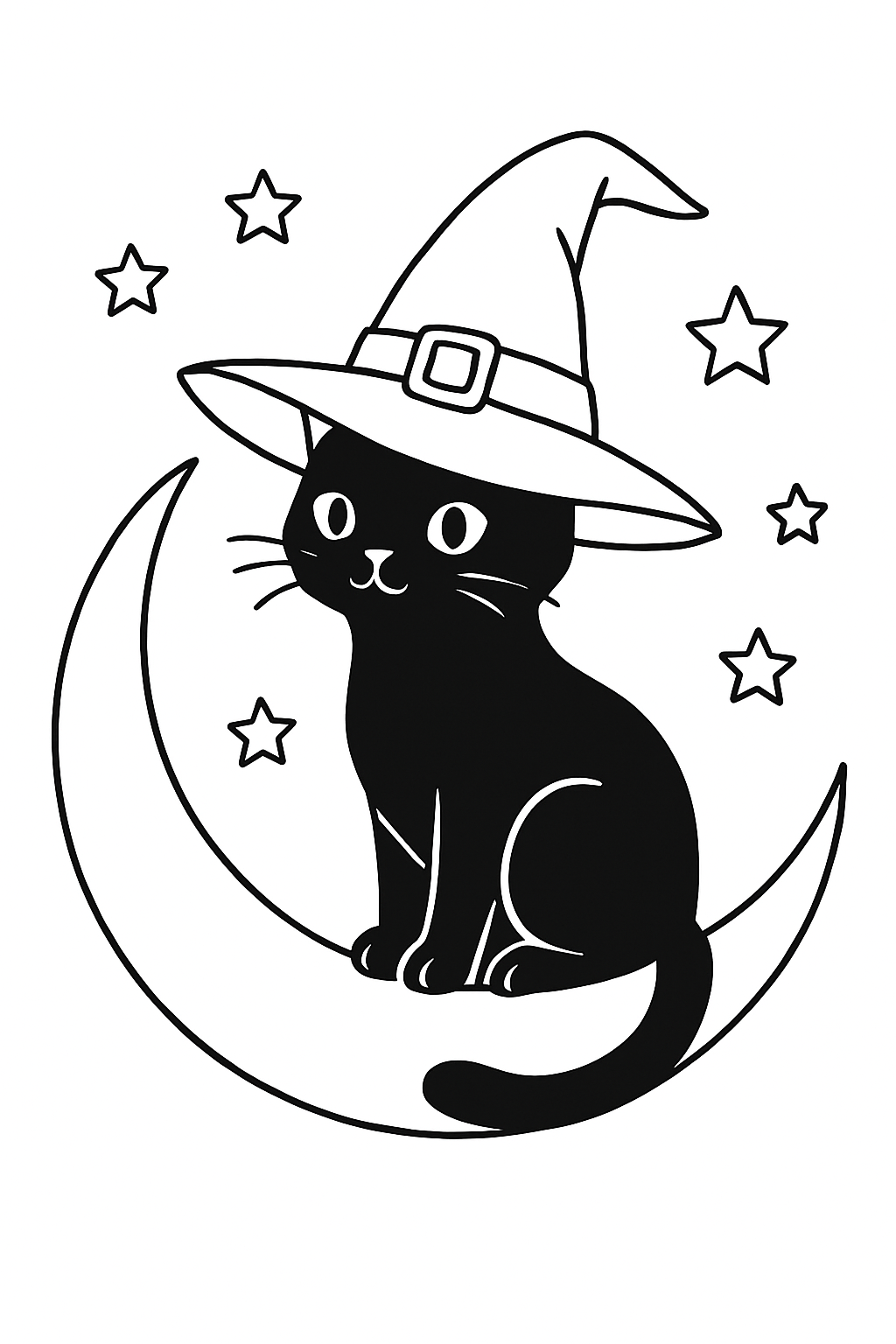 A magical black cat wearing a witch hat on a crescent moon black cat witch coloring page.