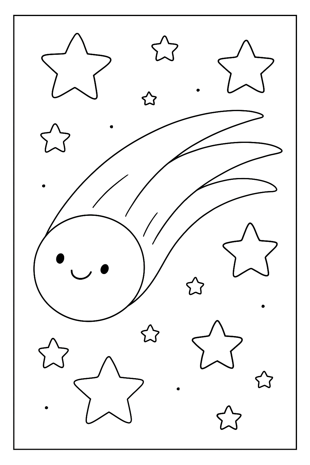 A cute, friendly comet with a flowing tail on this whimsical comet coloring page.