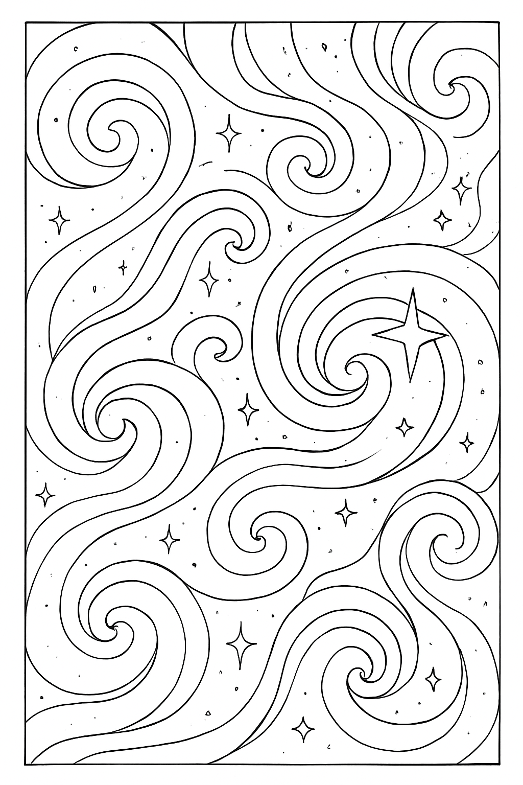 A celestial cosmic swirls coloring page featuring stars and flowing nebula patterns with clean black lines.