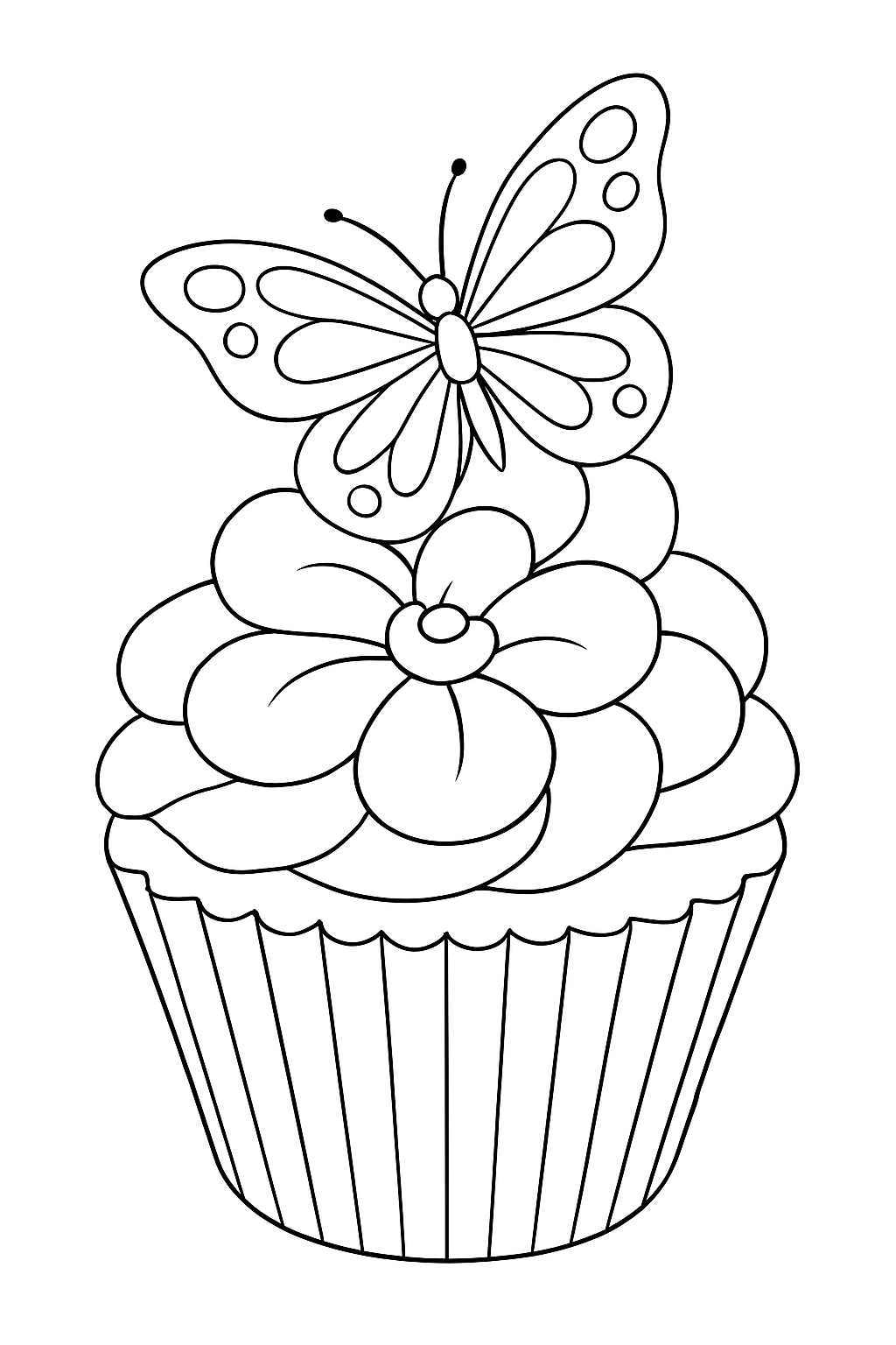 A beautiful cupcake coloring page with flower frosting and a butterfly.
