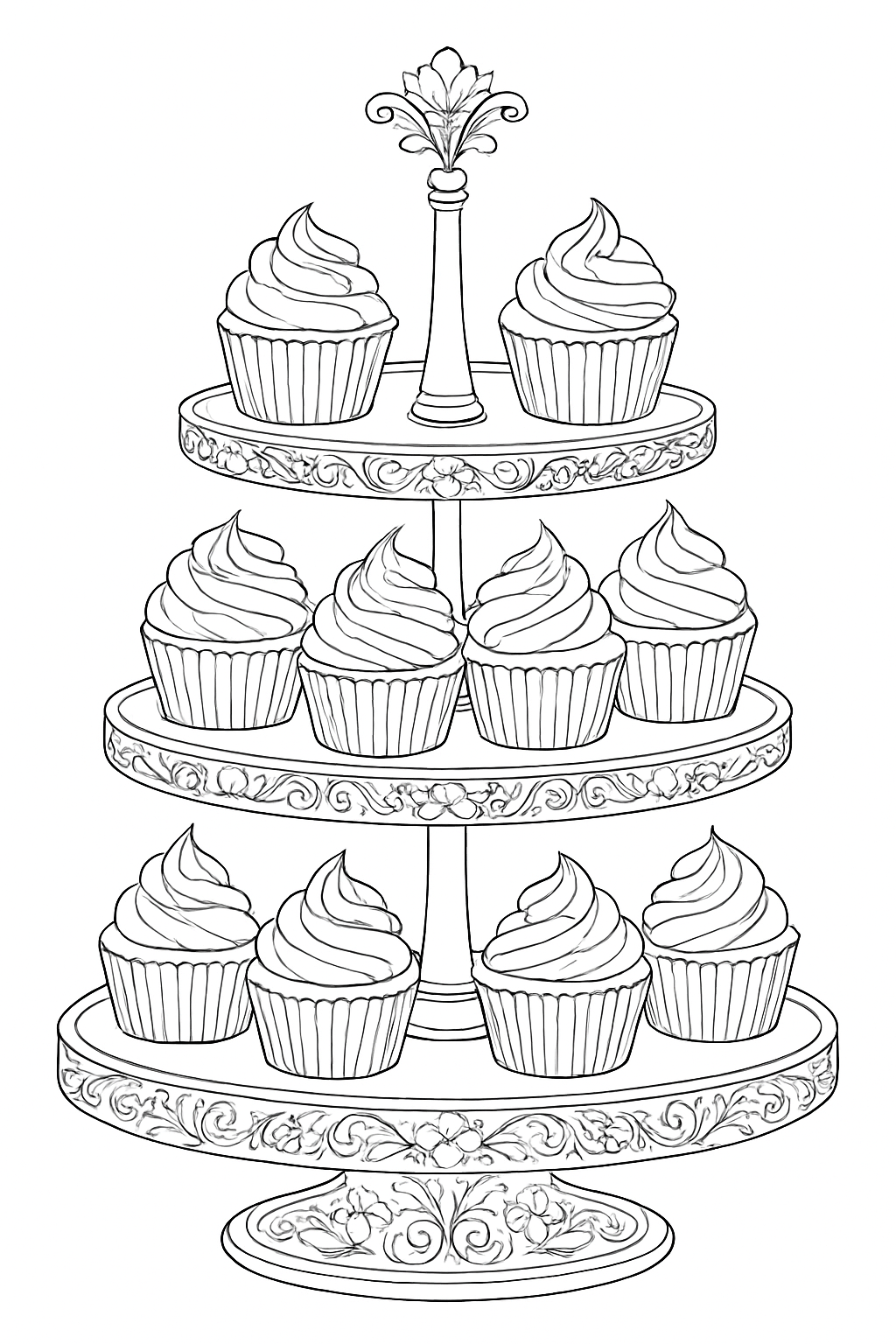A detailed cupcake stand coloring page featuring decorative pastries and elegant swirls.