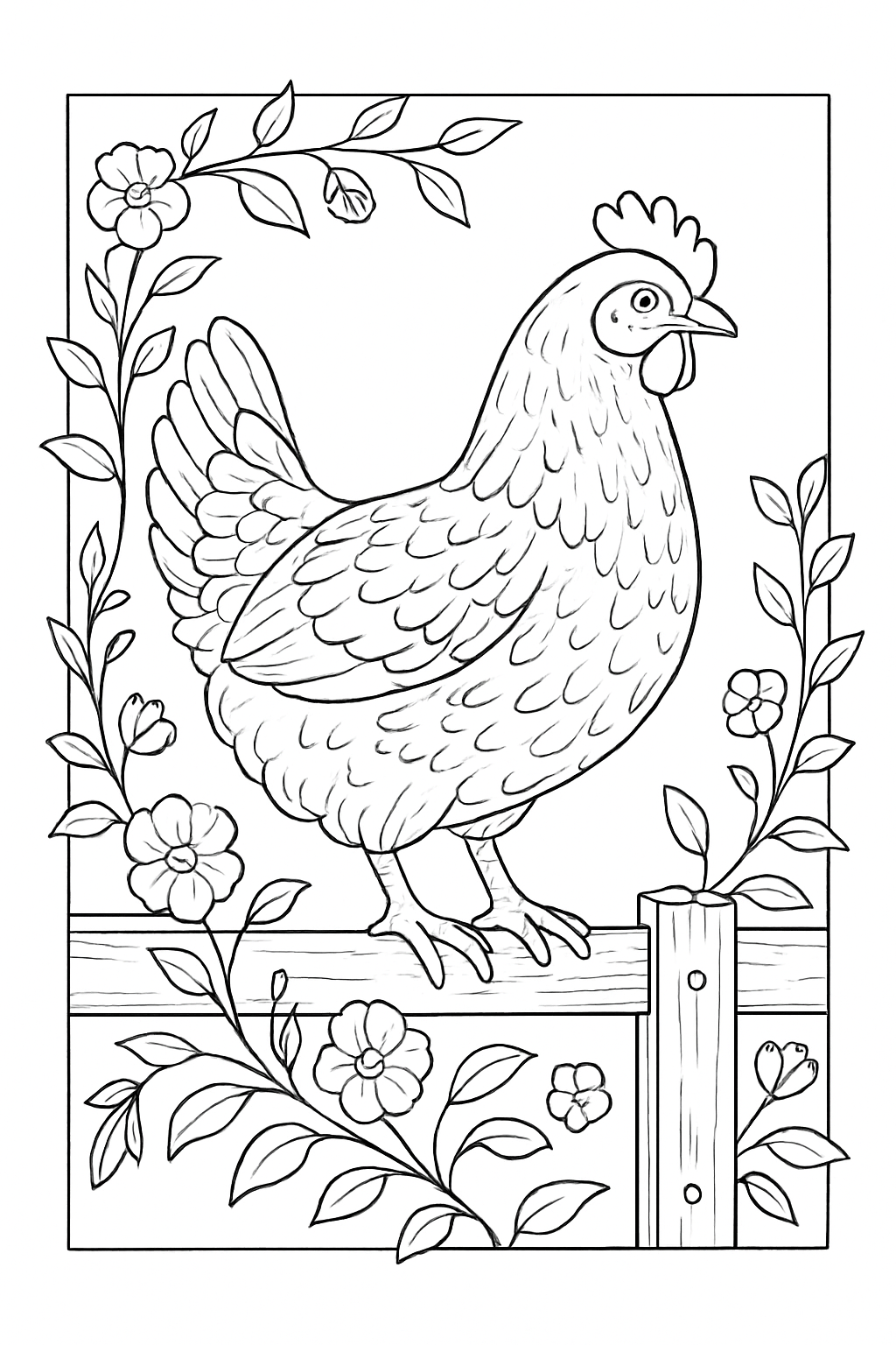 A detailed illustration of a hen on a rustic fence, designed as a sophisticated chickens coloring page.