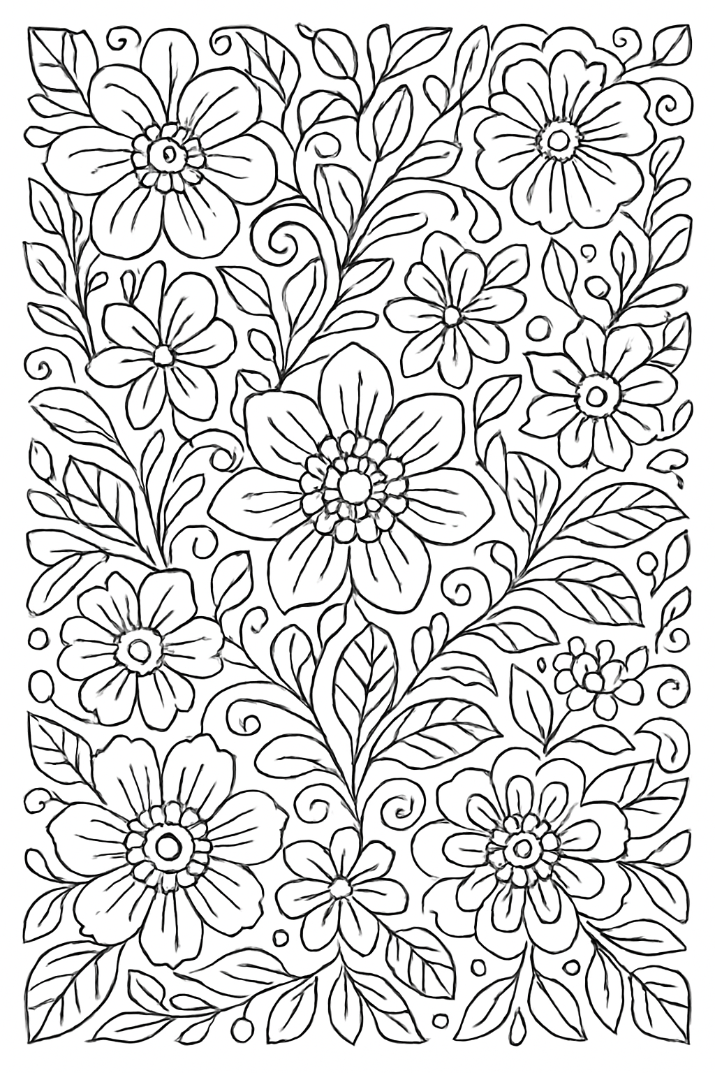 Intricate floral patterns coloring page featuring detailed flowers and leaves for creative coloring.