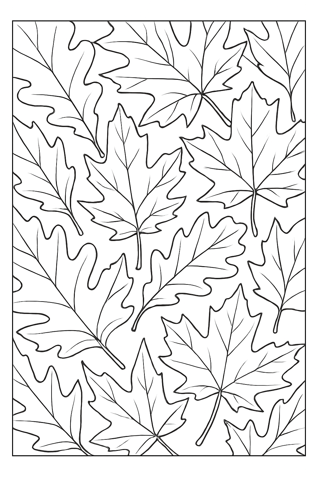 Detailed forest leaves coloring page with clean outlines and natural patterns.