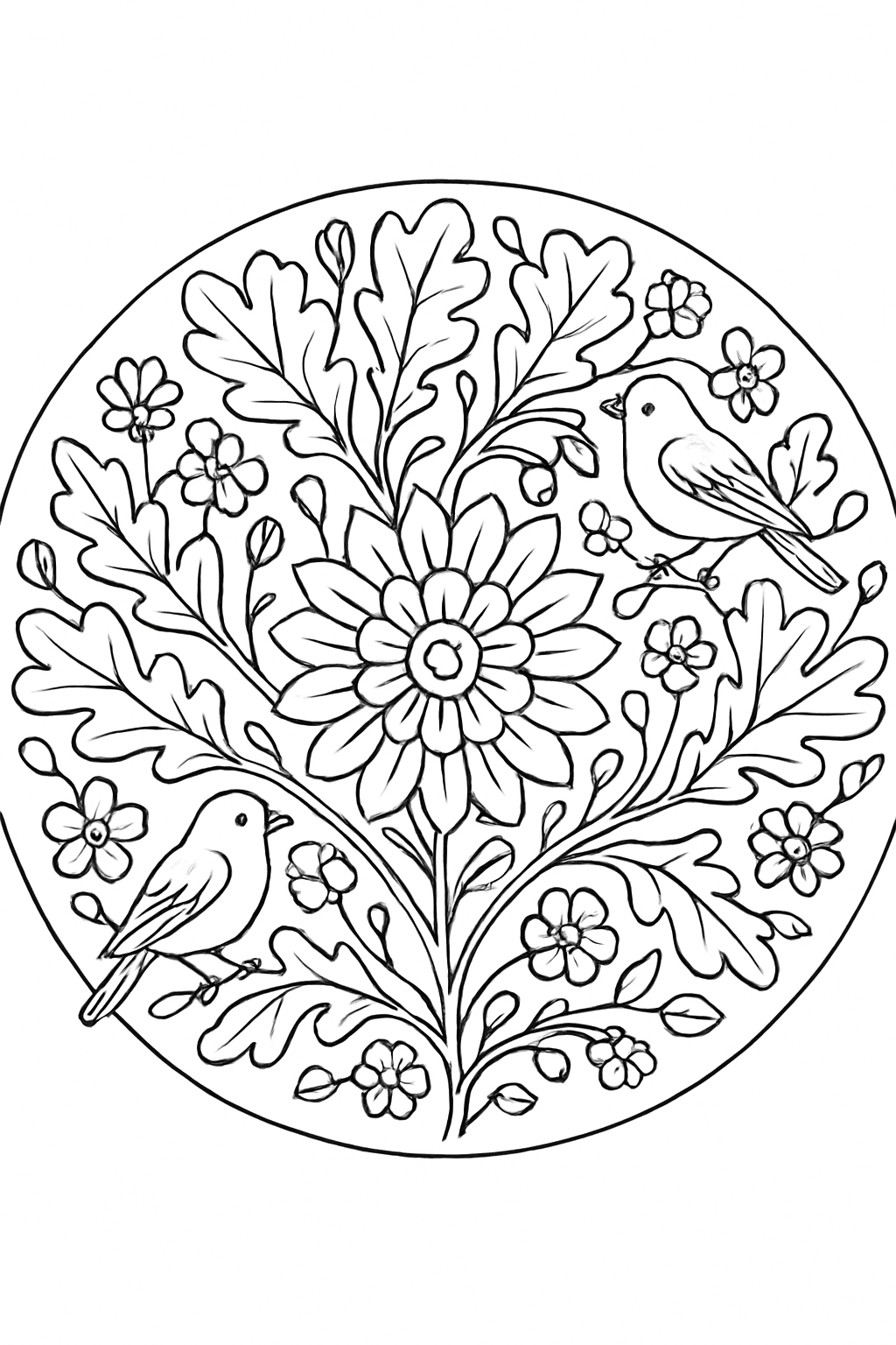 A detailed forest-themed mandala coloring page featuring leaves and flowers with clean black lines.