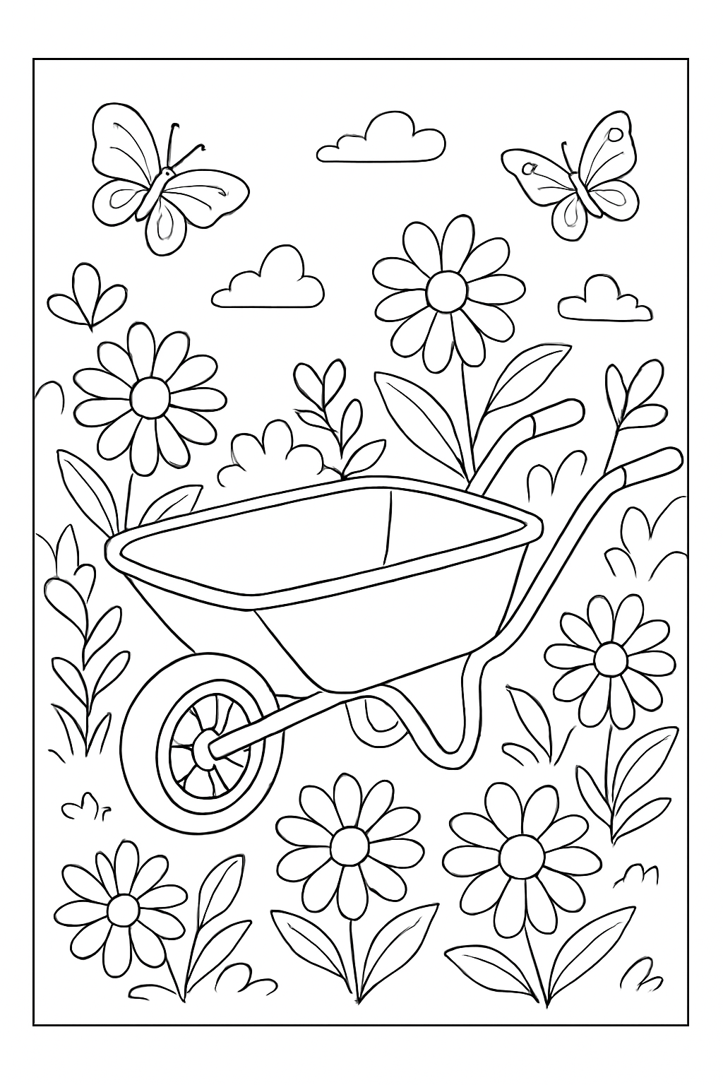 A whimsical garden buggy surrounded by flowers and butterflies in this fun garden buggy coloring page.