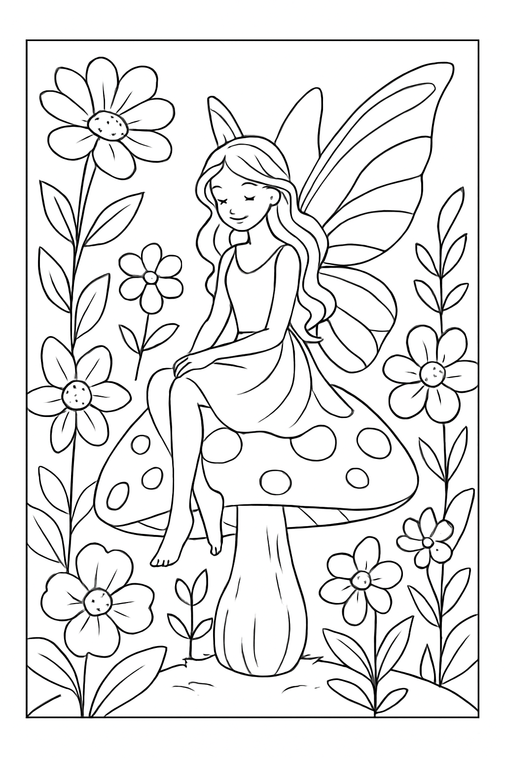 A beautiful fairy sitting on a mushroom in a garden coloring page with crisp black outlines.