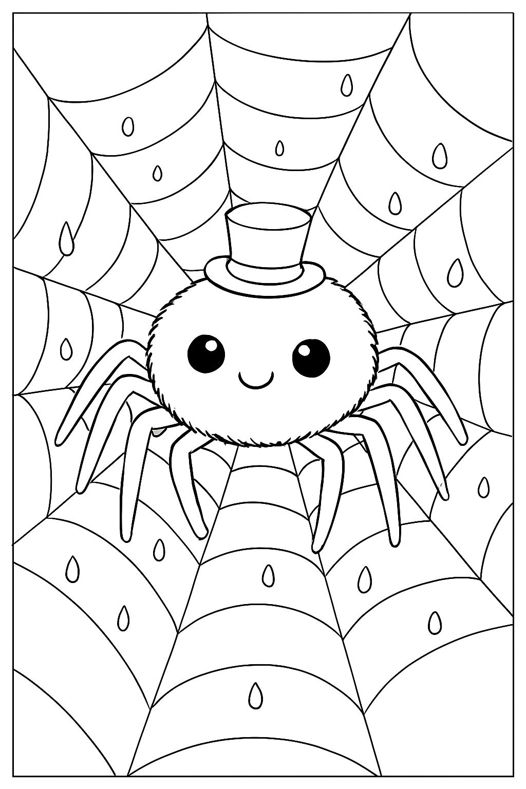 A cute spider in a garden web on a fun spider coloring page with clear black and white outlines.