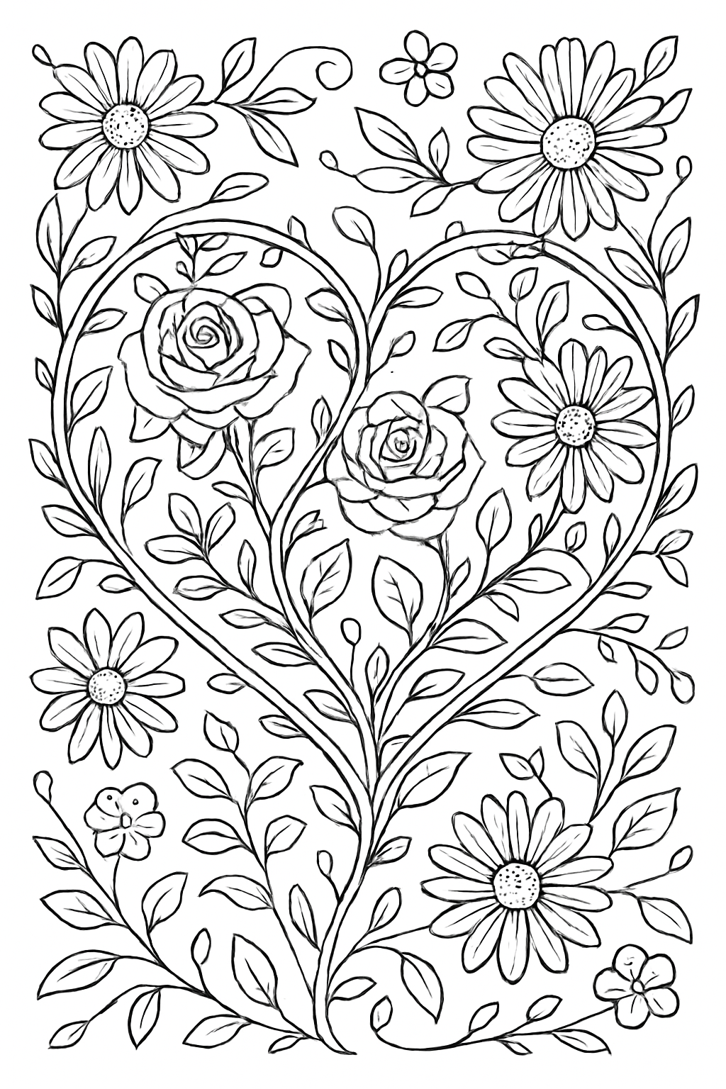 Detailed hearts garden coloring page featuring intertwining flowers and vines with bold, clean outlines.