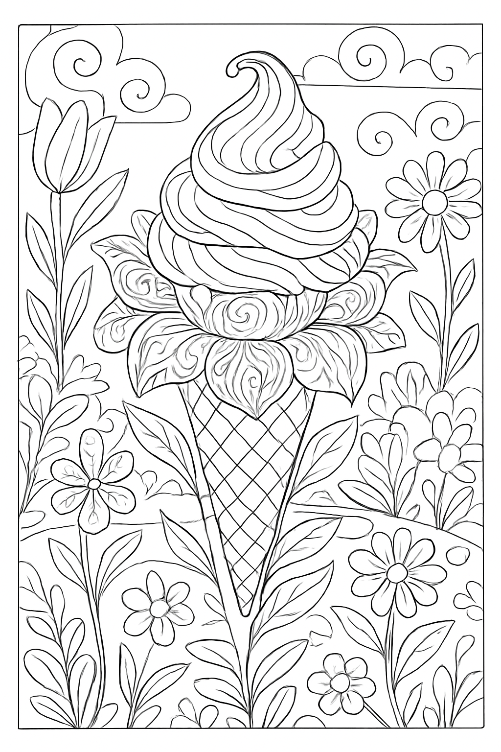 An intricate ice cream garden coloring page with floral cone patterns and swirling scoops.