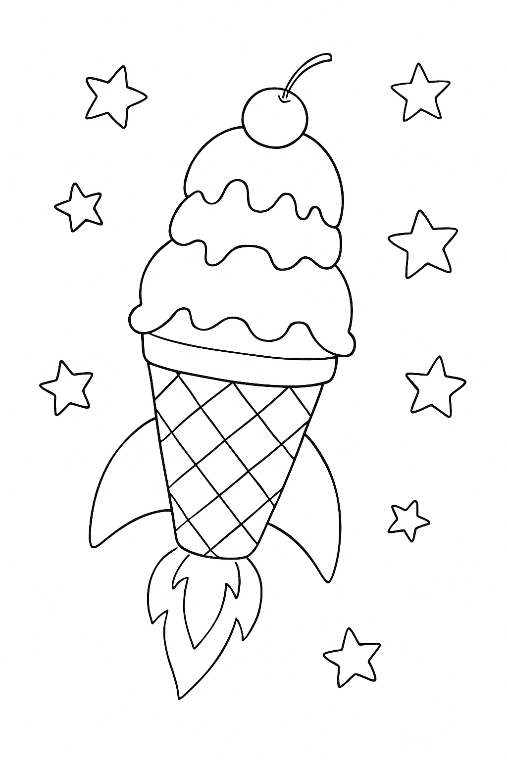 A fun ice cream rocket ship floating through space on this creative ice cream rocket coloring page.