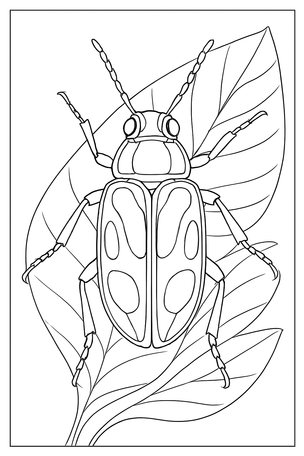 Detailed jewel beetle on a leaf in a black and white beetle coloring page design.