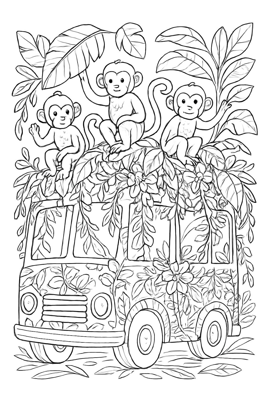 A detailed jungle safari bus coloring page featuring vines, flowers, and animals for a fun coloring experience.