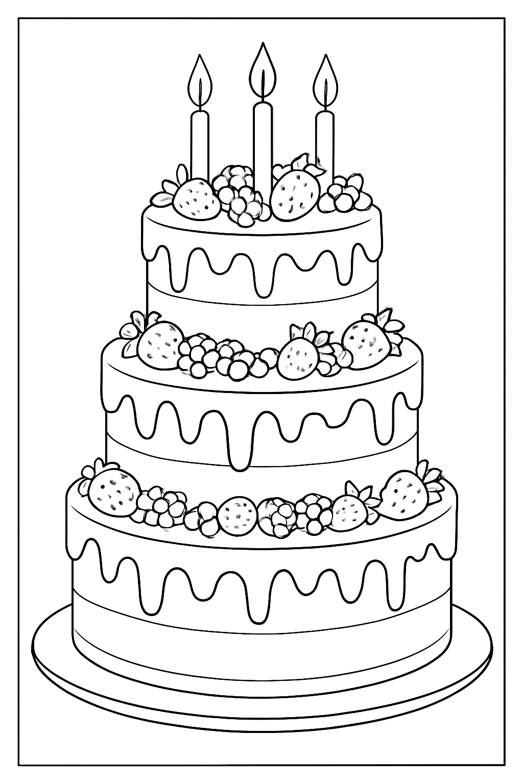 A detailed layered cake coloring page featuring drip frosting and candles.