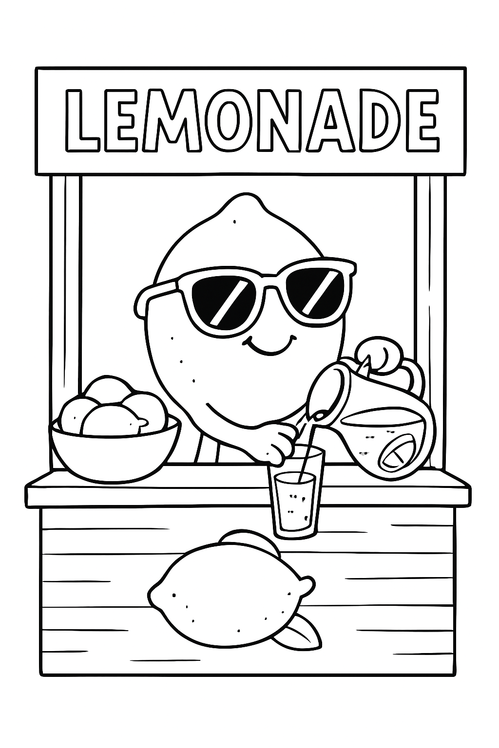 A happy lemon character pouring a glass of lemonade on this lemonade stand coloring page.