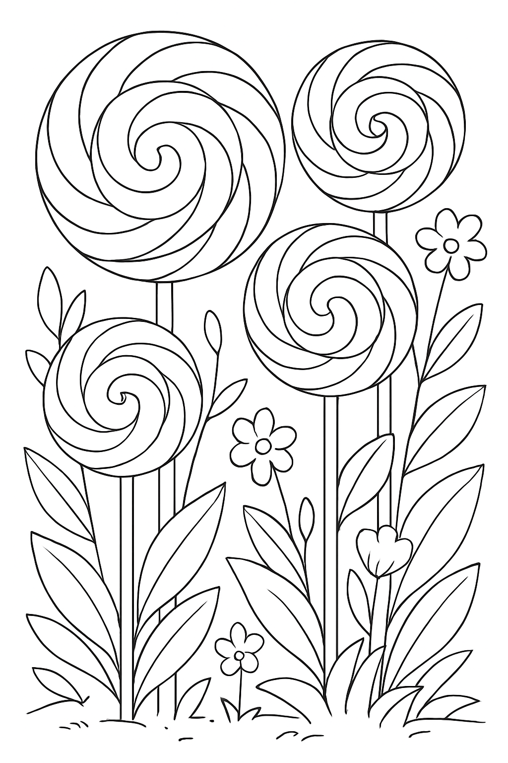 A detailed lollipop garden coloring page featuring large swirled candies as flower blossoms.