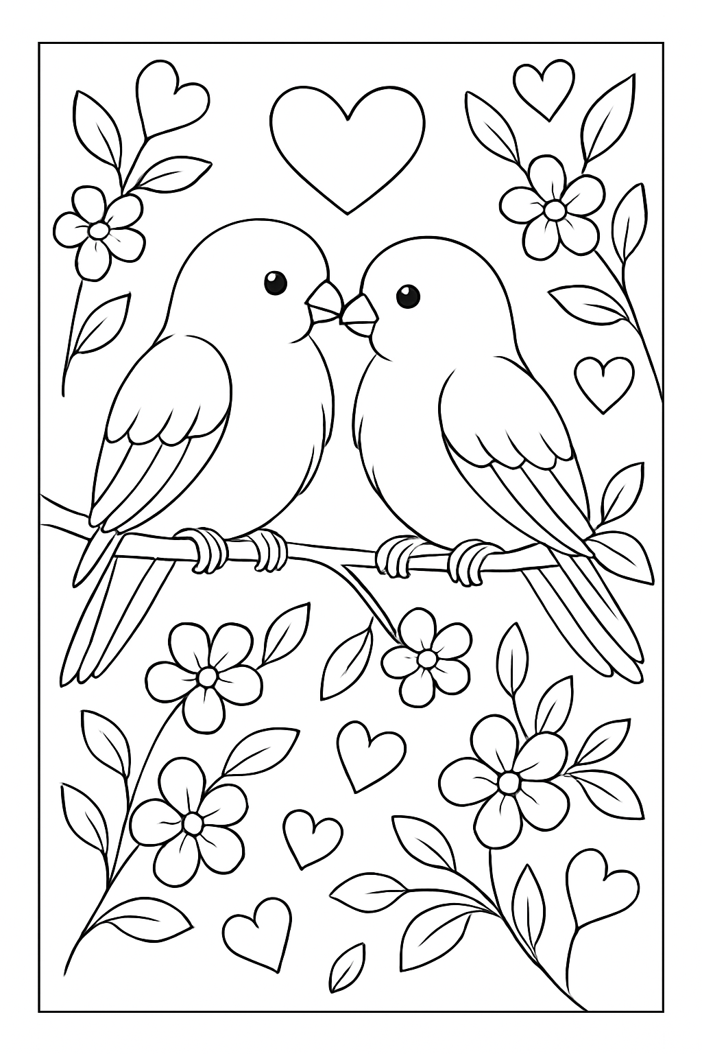 Two cute lovebirds on a flowering branch to enjoy on this Valentine's Day coloring page.