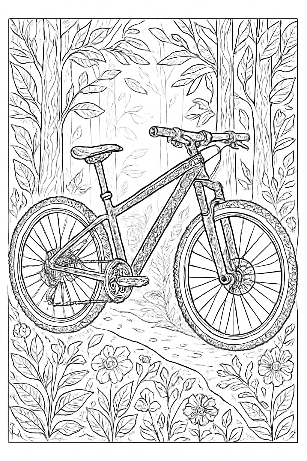Intricate mountain bike on a forest trail, a detailed mountain bike coloring page for all ages.