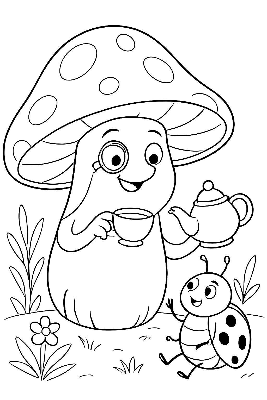 A funny mushroom hosting a tea party for a ladybug in a whimsical mushroom coloring page.