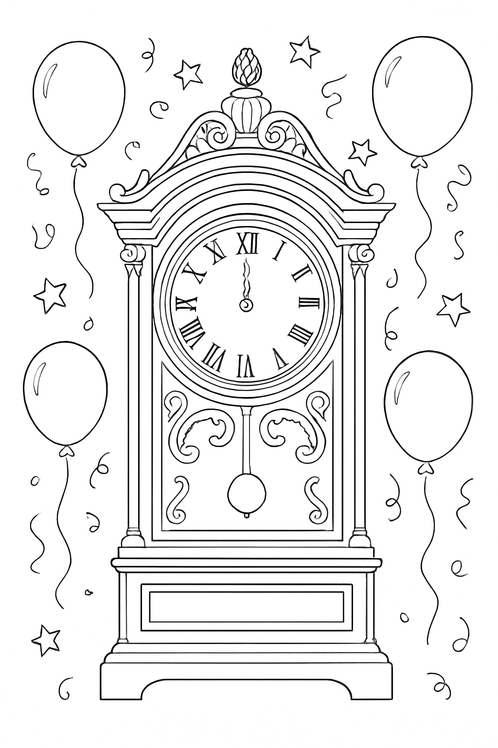 A whimsical new year clock coloring page featuring stars and festive balloons for creative holiday fun.