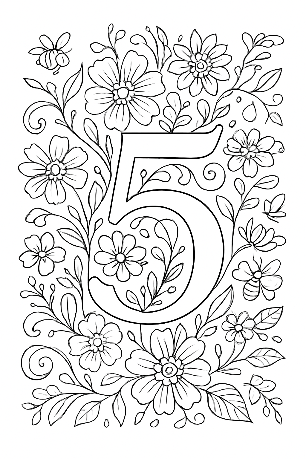 Intricate numbers coloring page featuring a large number five surrounded by flowers and vines.