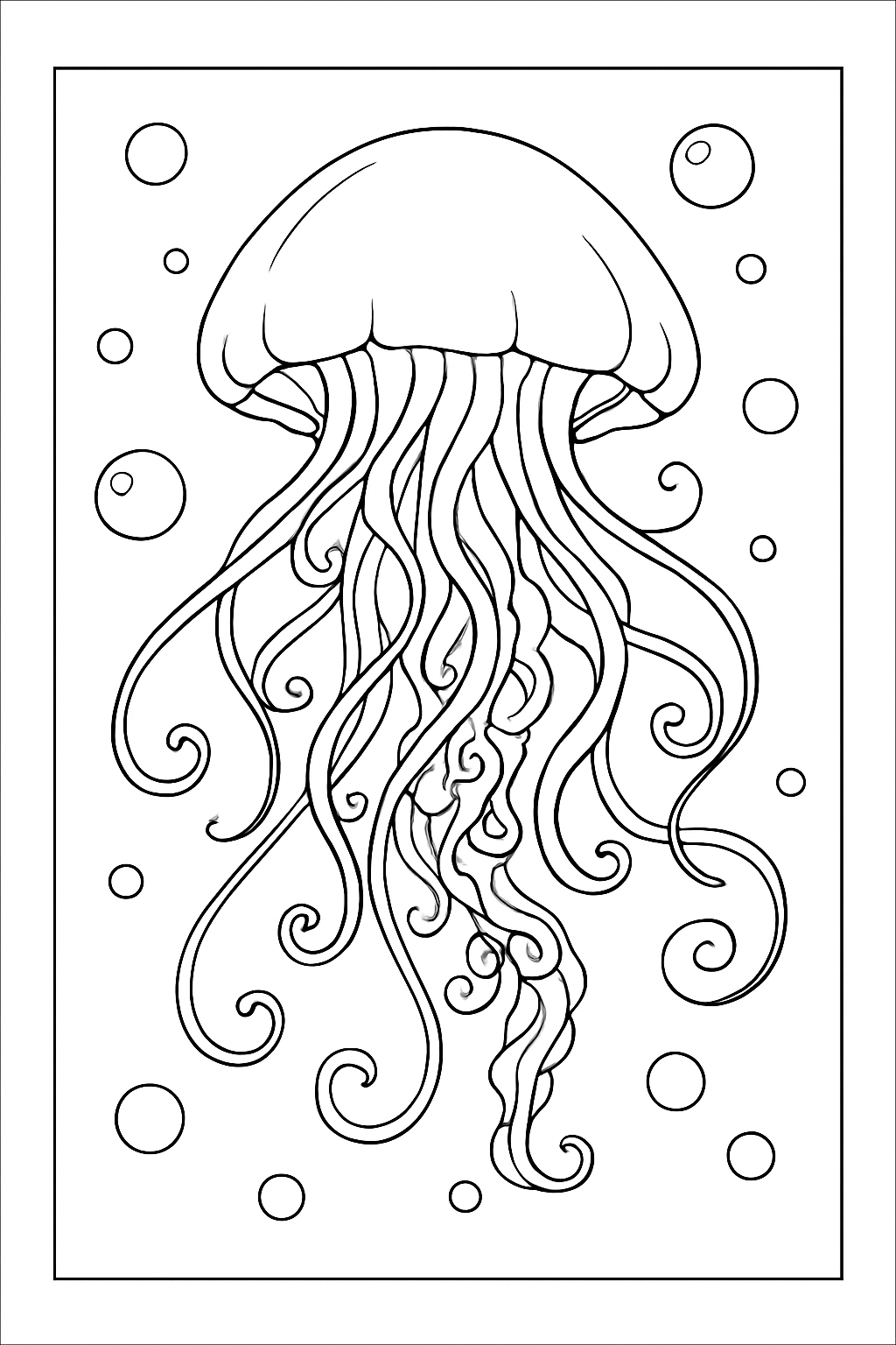 Detailed jellyfish coloring page with swirling tentacles and bubbles.