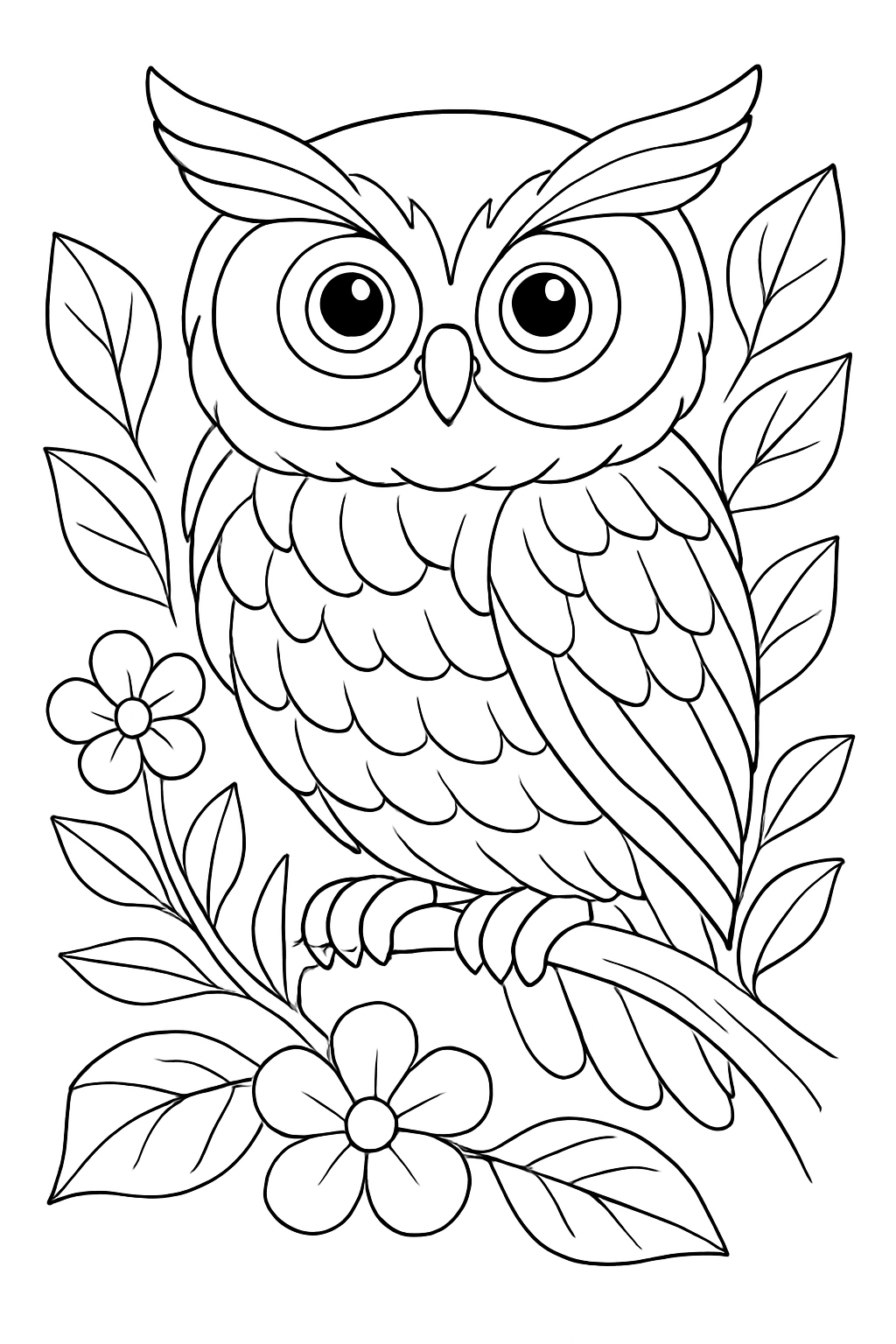 A detailed owl coloring page featuring a cute owl sitting on a branch surrounded by flowers.