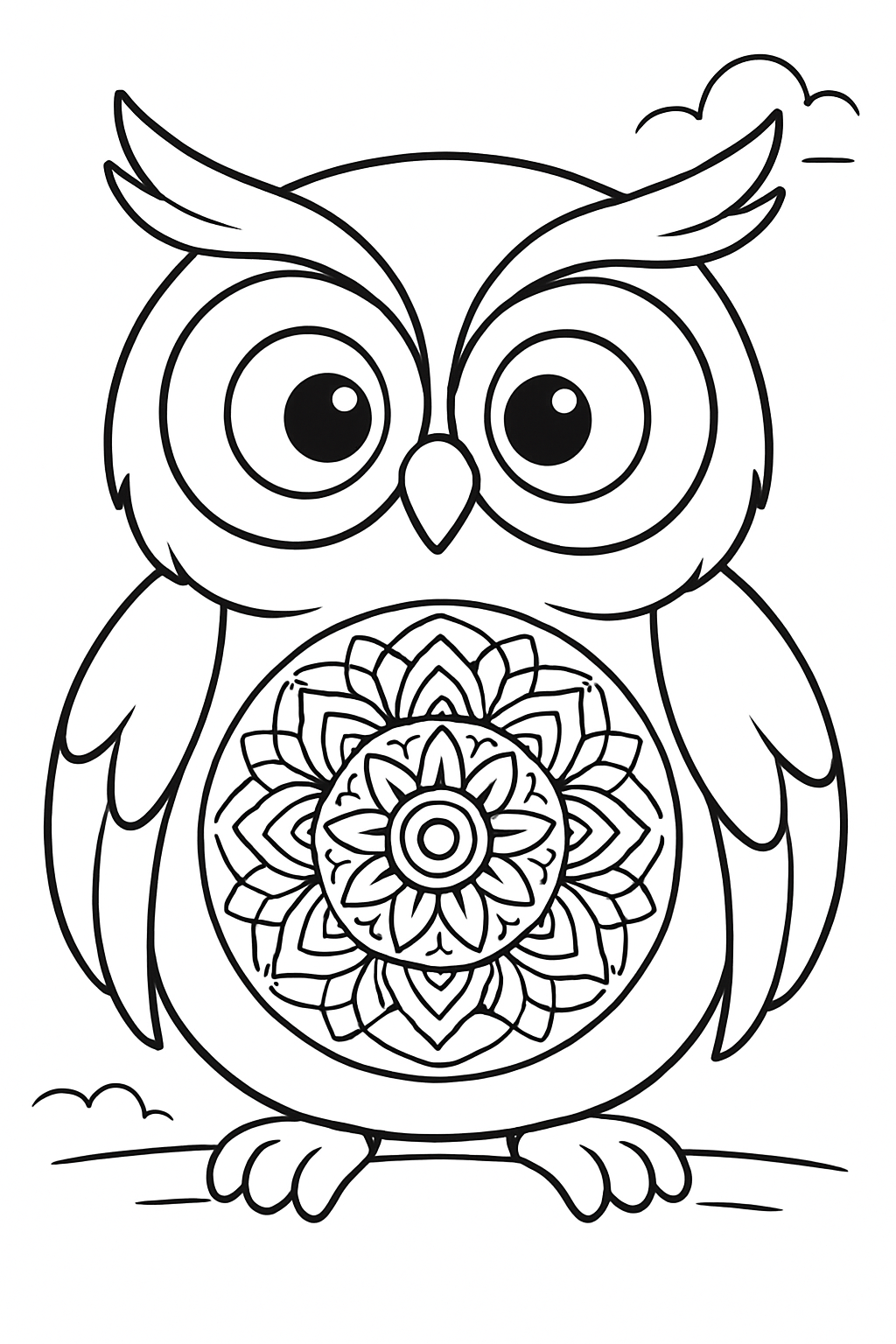 A happy owl with mandala patterns on its feathers, designed as a fun owl mandala coloring page.