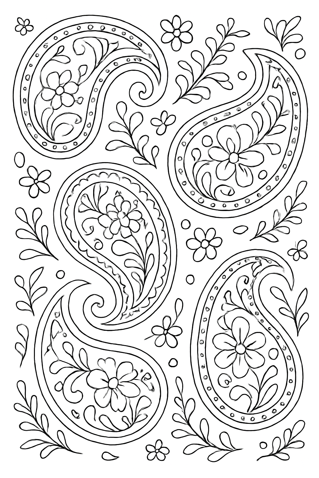A detailed paisley patterns coloring page featuring large teardrop shapes and floral designs.