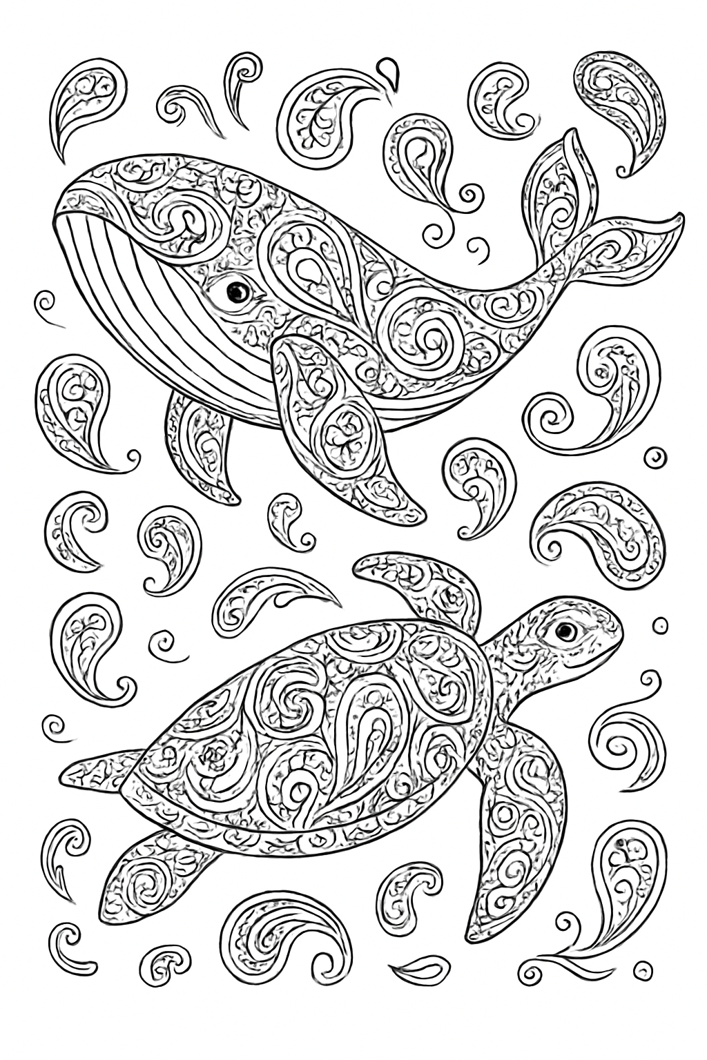 Detailed whale and turtle decorated with ornate teardrop patterns on this paisley sea creatures coloring page.