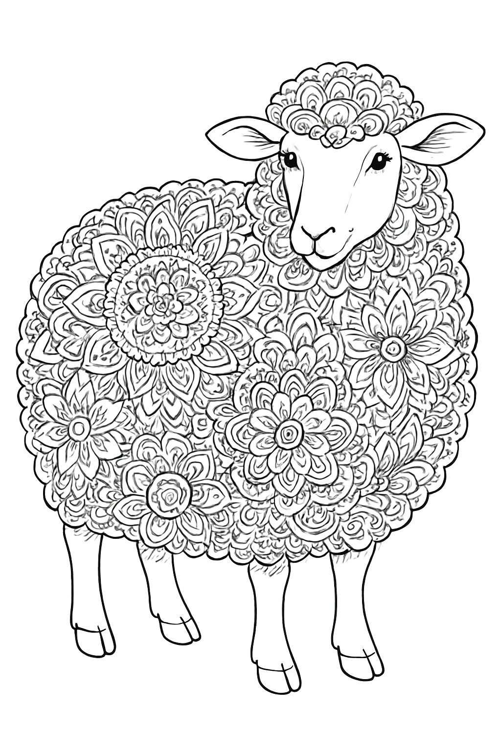 A close-up of a sheep with curly wool filled with floral patterns in this intricate sheep coloring page.