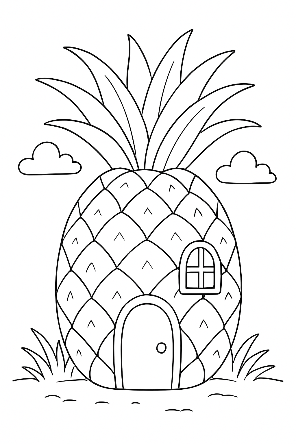 A detailed pineapple coloring page featuring a cozy house design with clean lines for easy coloring.