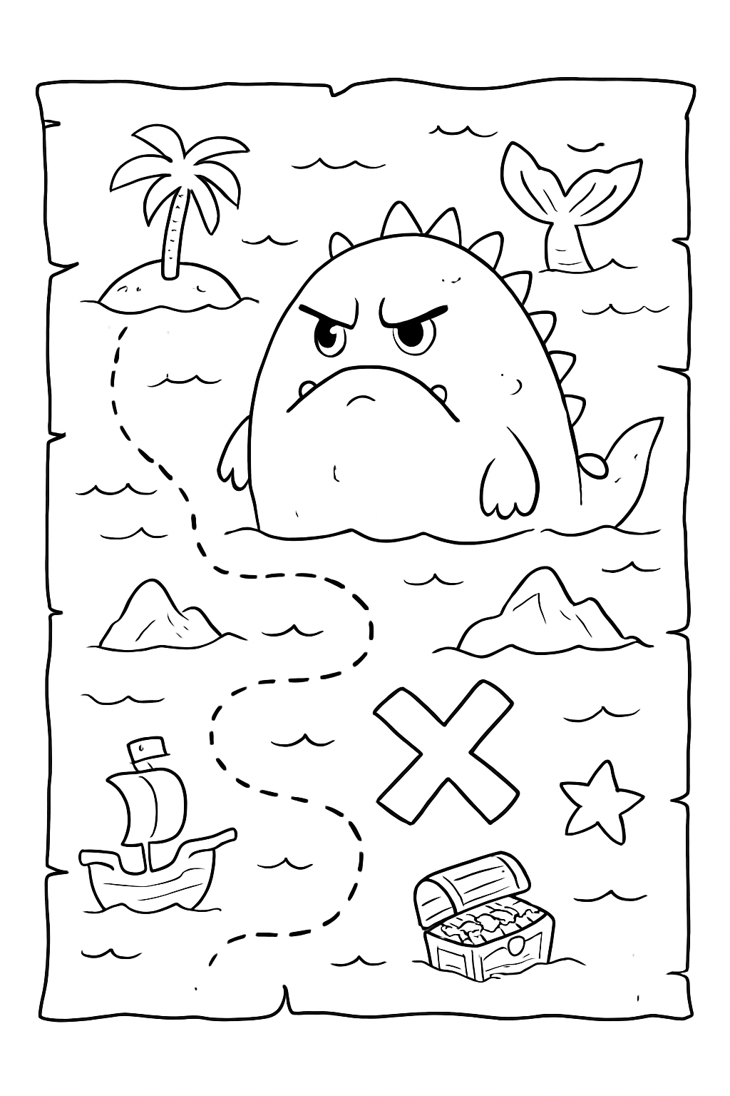 A whimsical pirate treasure map coloring page featuring a funny sea monster and hidden loot.