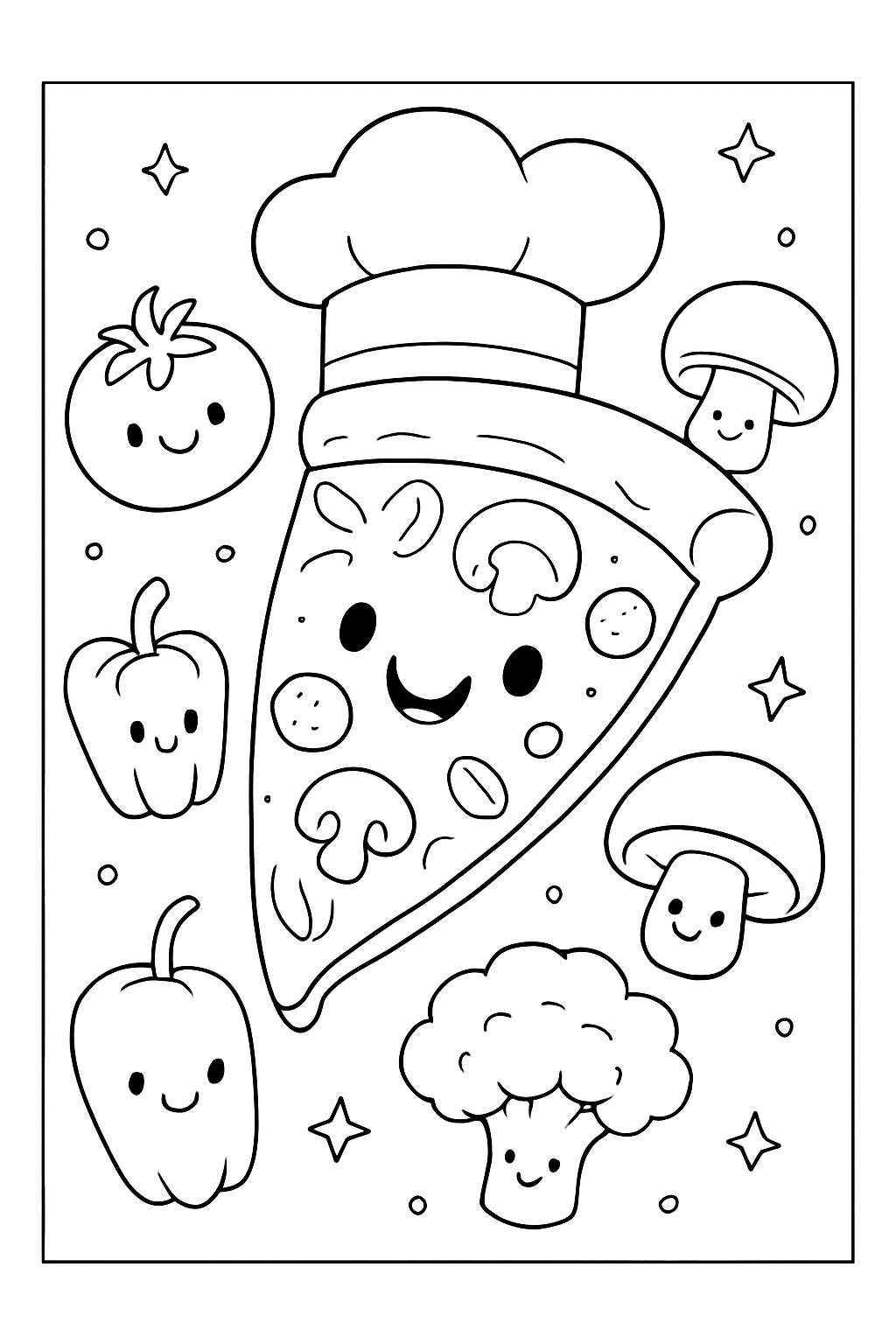 A cute smiling pizza slice chef in this fun, detailed pizza party coloring page for all ages.