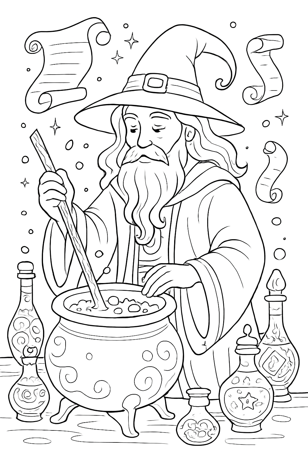 A detailed whimsical potion wizard coloring page featuring a magic cauldron and floating scrolls.