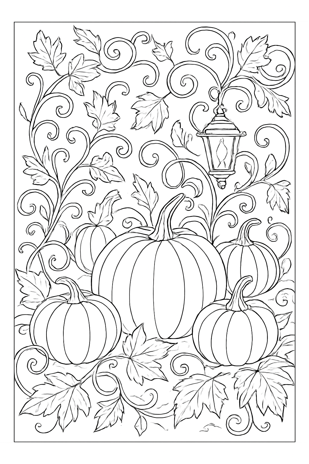 Detailed pumpkin patch coloring page featuring swirling vines and decorative lanterns for a relaxing art session.