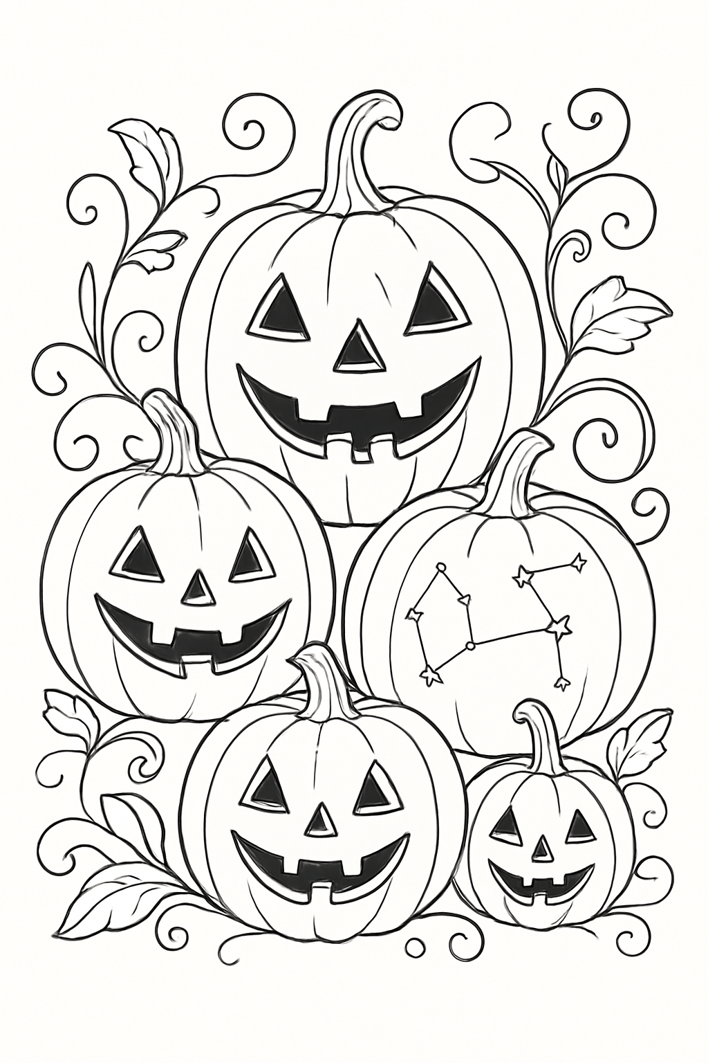 A detailed jack o lantern coloring page featuring carved stars and swirling vines in a pumpkin patch.