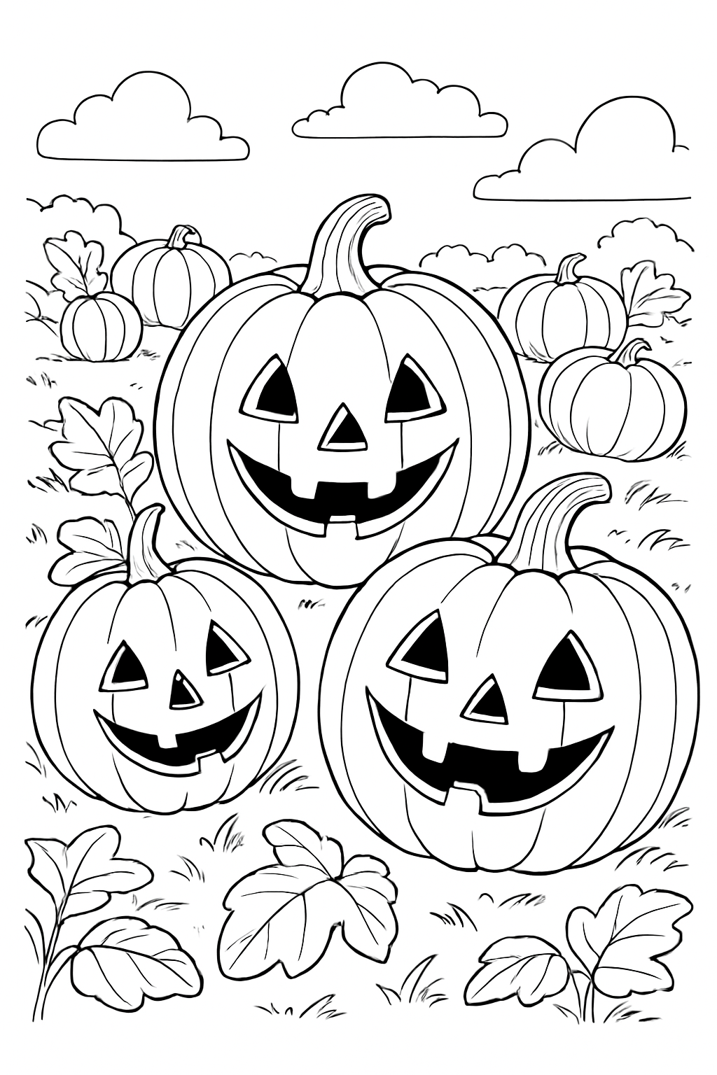 Whimsical pumpkin patch coloring page featuring three detailed Jack O Lanterns in a garden.