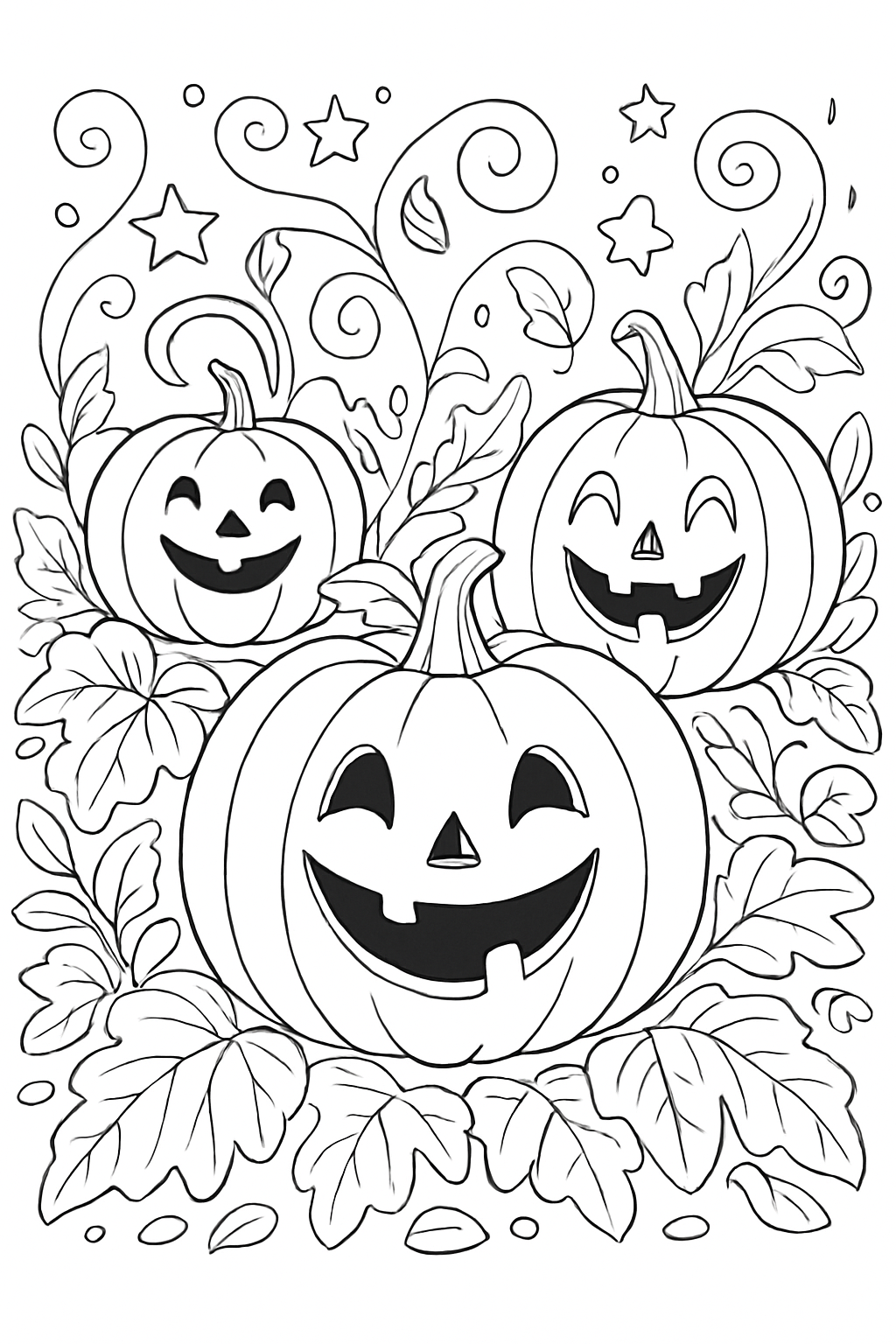 A cute halloween pumpkin patch coloring page featuring smiling jack-o-lanterns and autumn leaves.