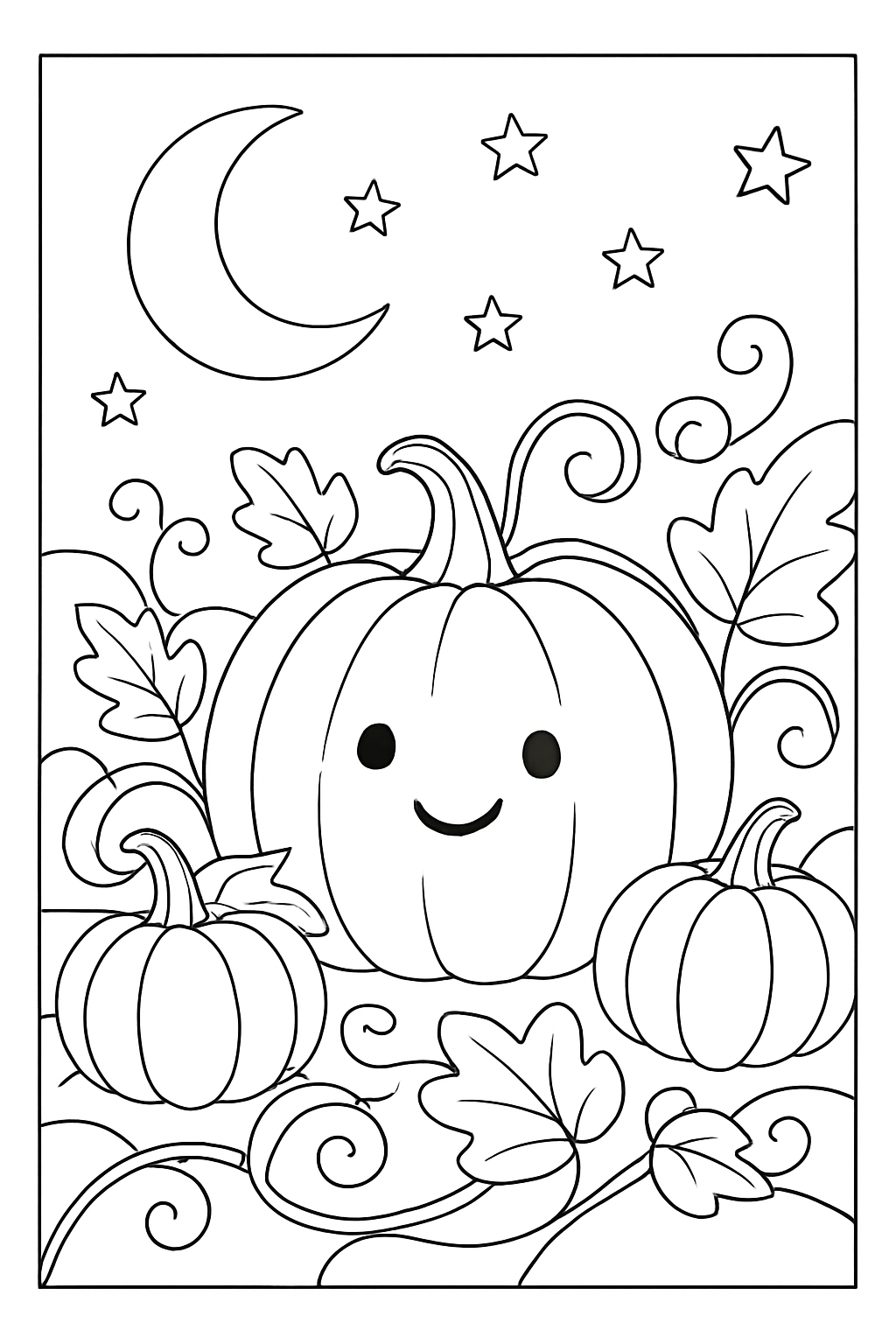 A charming pumpkin patch scene in a black and white pumpkin coloring page style.
