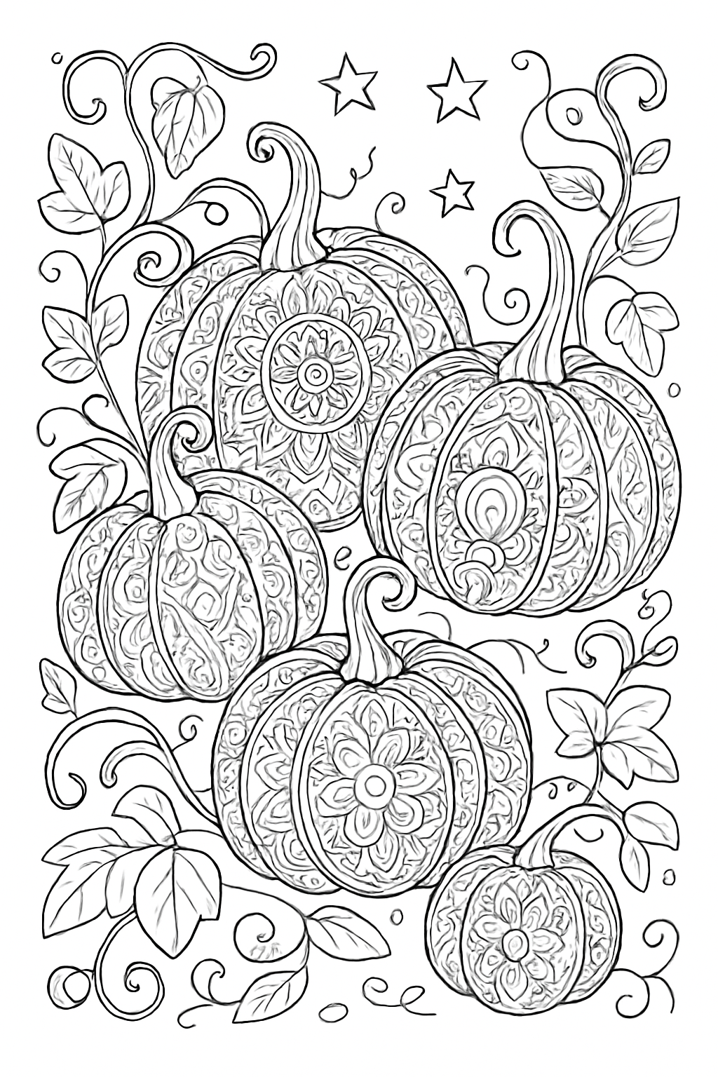 A highly detailed whimsical pumpkin patch coloring page with intricate mandala patterns and autumn leaves.