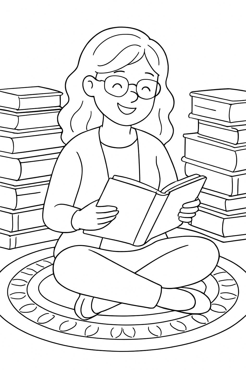 A friendly teacher sharing stories in a cozy corner on a reading teacher coloring page.