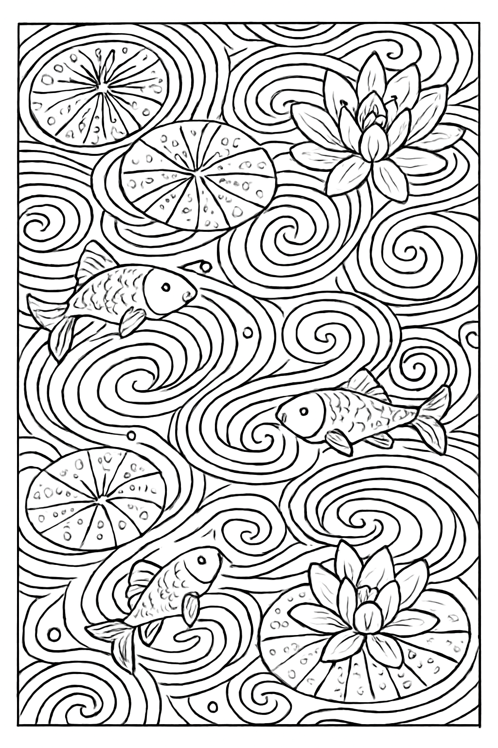 Detailed whimsical river life coloring page featuring patterned lily pads and flowing stream water.