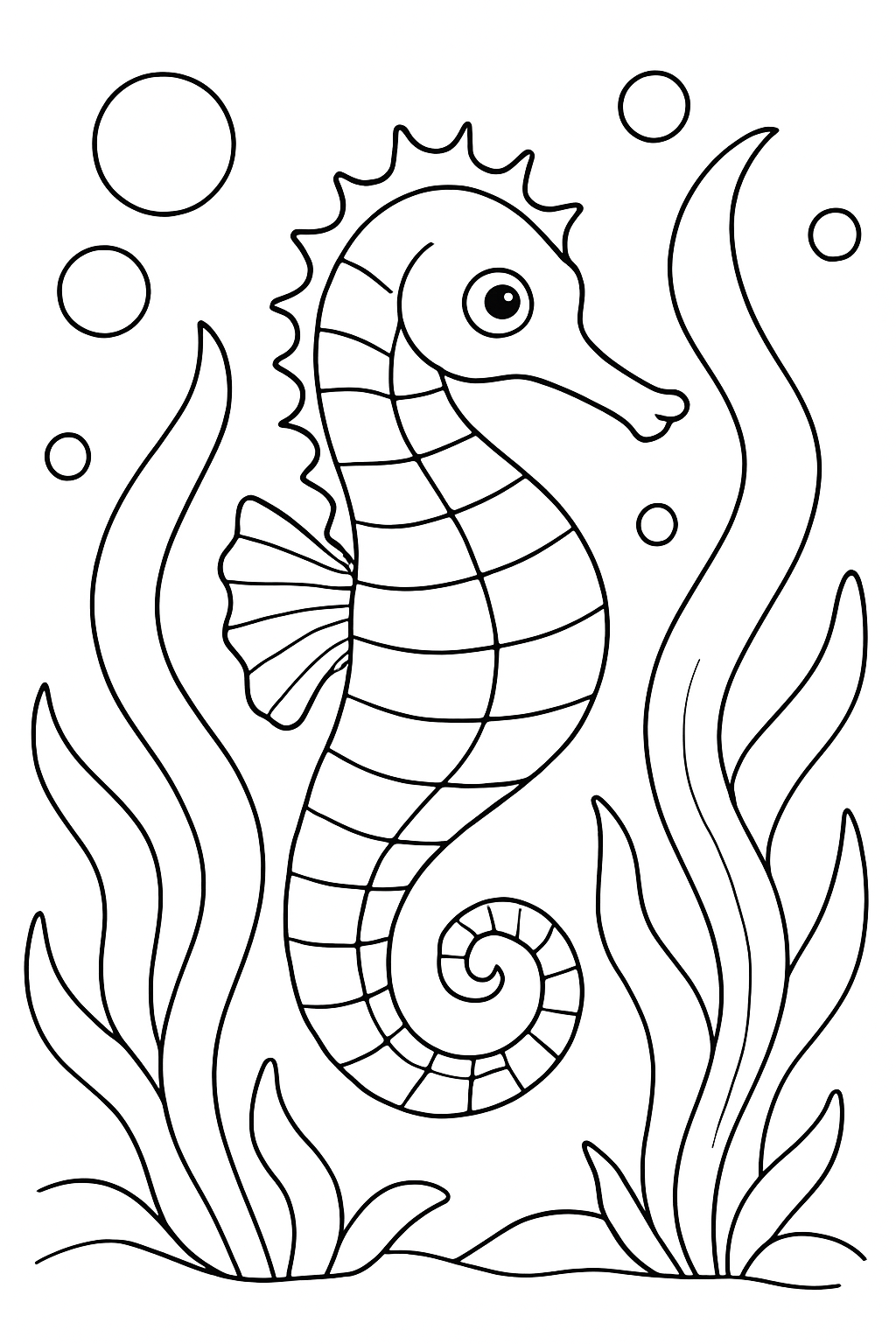 A friendly seahorse surrounded by simple seaweed and bubbles in a seahorse coloring page.