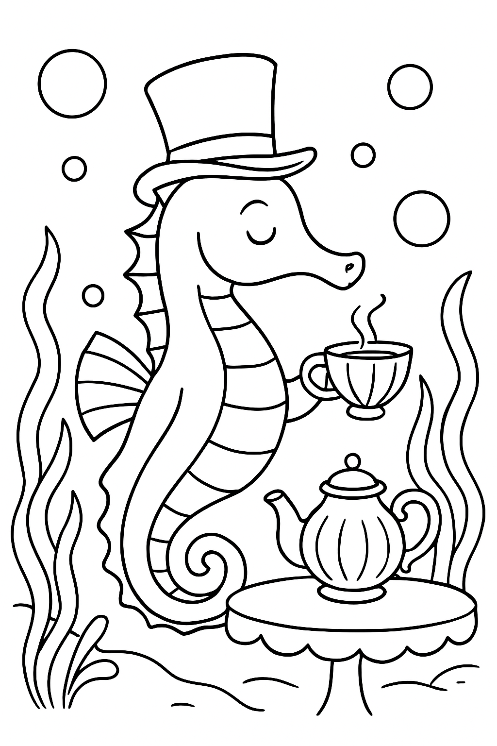 A dapper seahorse wearing a fancy hat at a tea party in this unique seahorse tea party coloring page.
