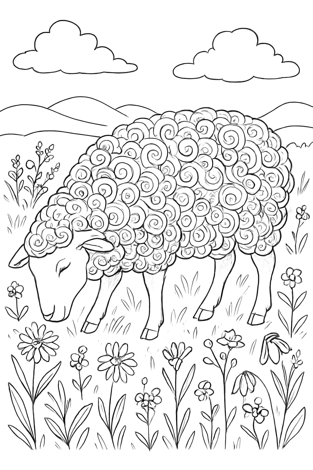 A detailed sheep in meadow coloring page featuring elegant floral patterns and clean line art for all ages.