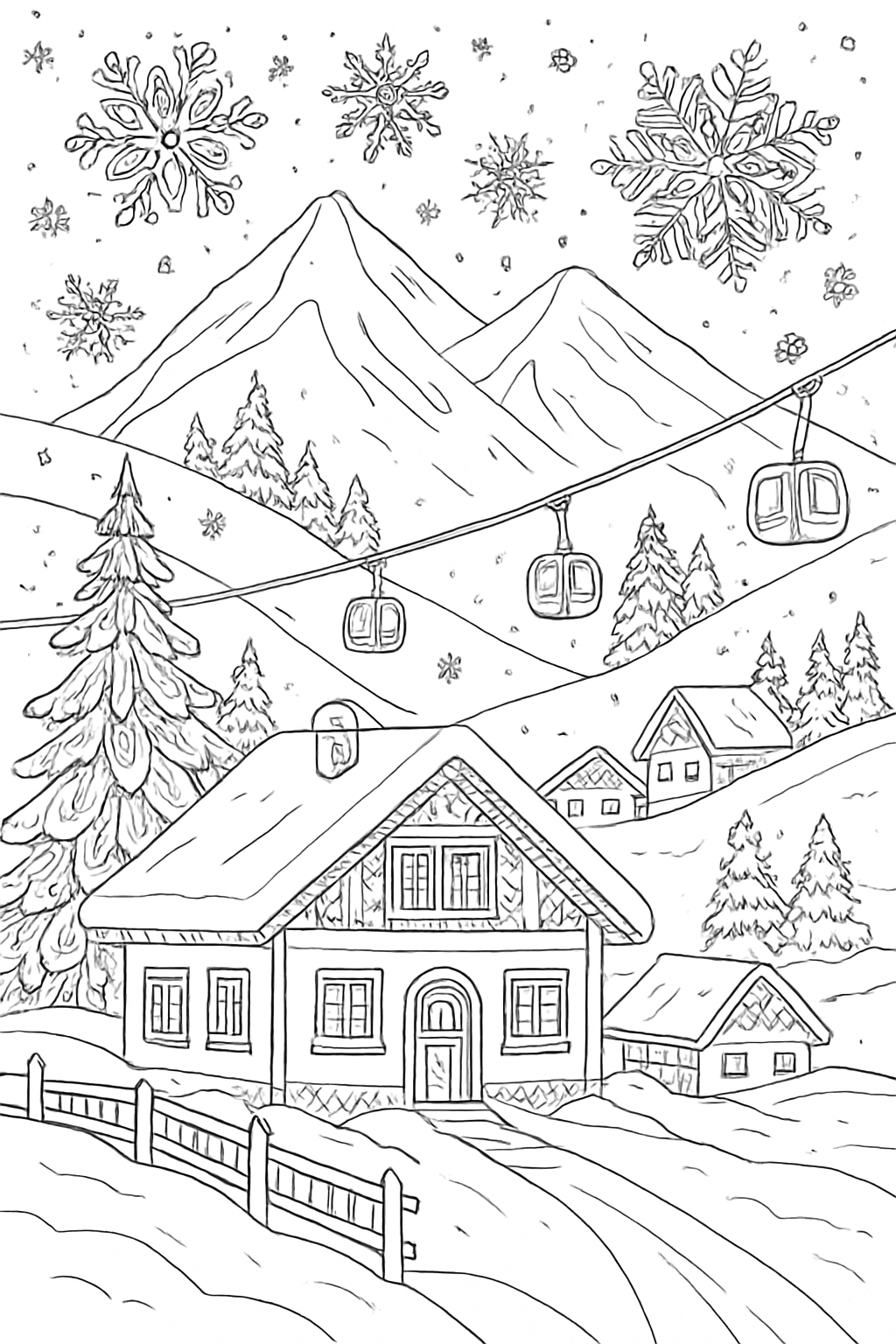 Detailed ski resort coloring page featuring mountain cabins, ski lifts, and snowy trees with intricate snowflake designs.