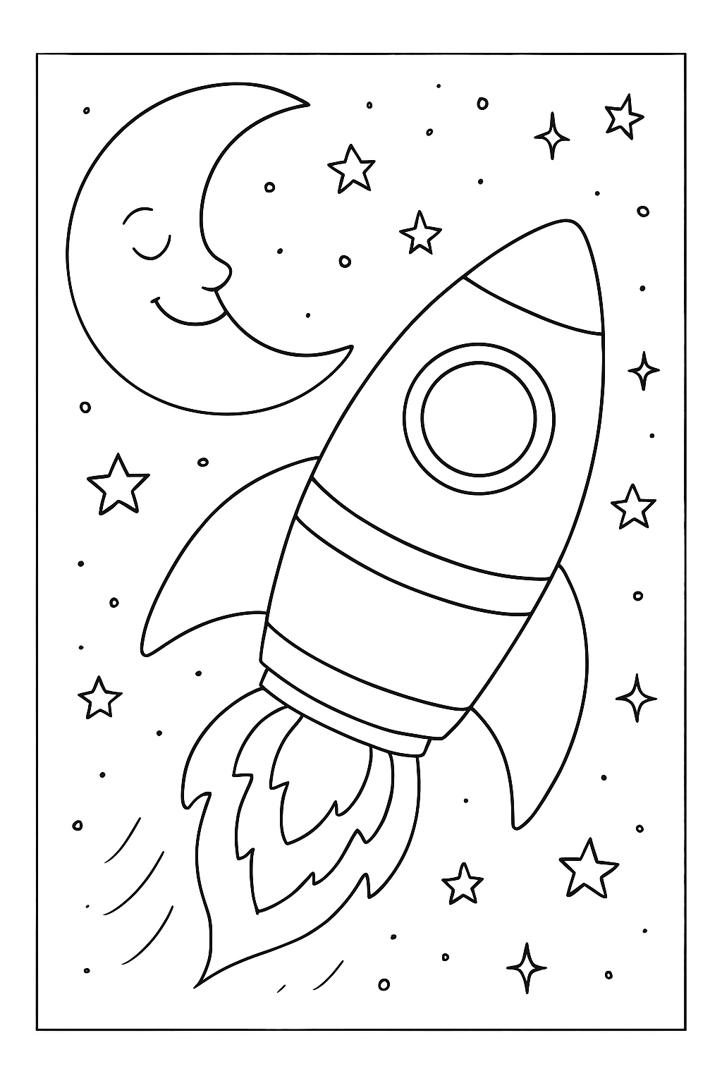 A friendly rocket ship flying past the moon on a fun rocket ship coloring page.