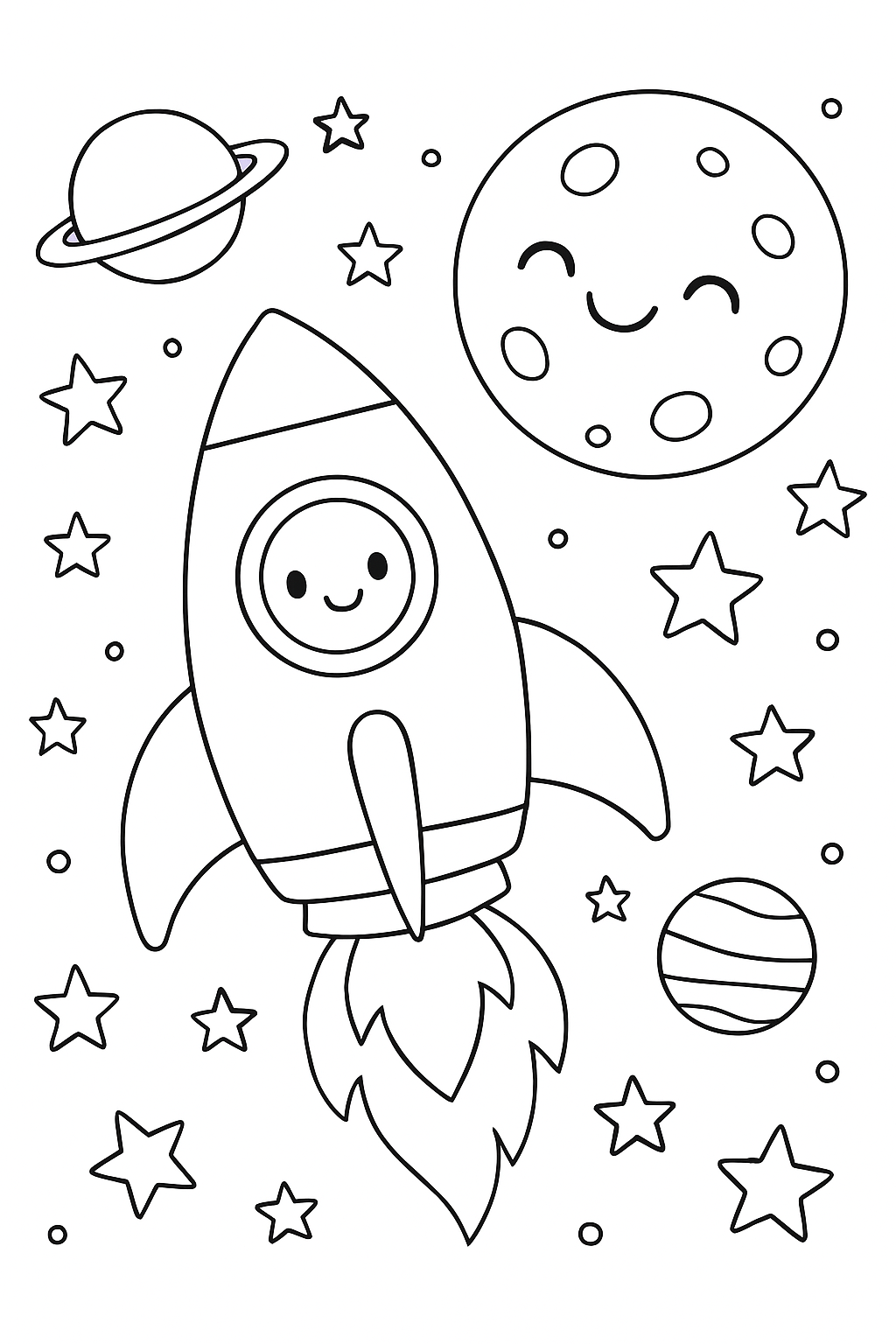 A friendly space rocket surrounded by stars and planets on a printable space rocket coloring page.